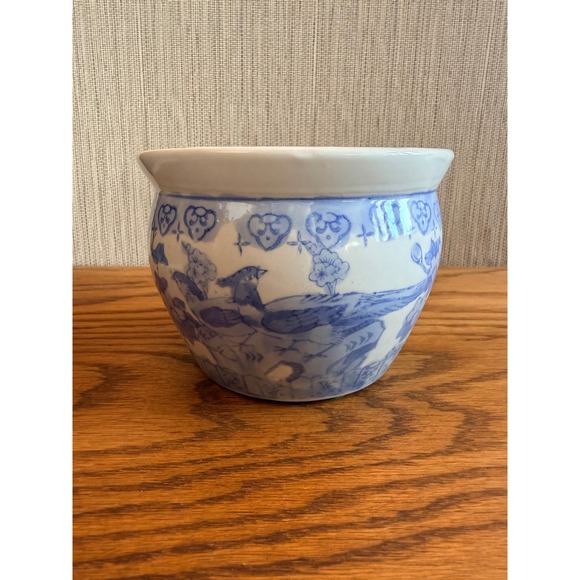 Other - Vintage Blue White Chinoiserie Cachepot with Bird and Floral Design